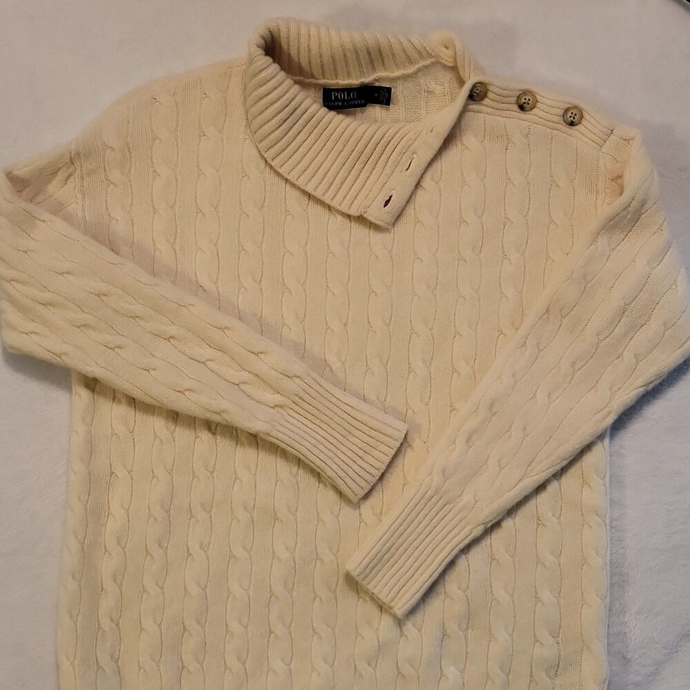 Polo Ralph Lauren Cable-Knit Sweater Mock Neck Button Cream Women's M EUC